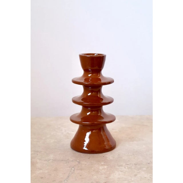 Modern Pair of Modern Handmade Brown Ceramic Candle Holders For Sale - Image 3 of 5