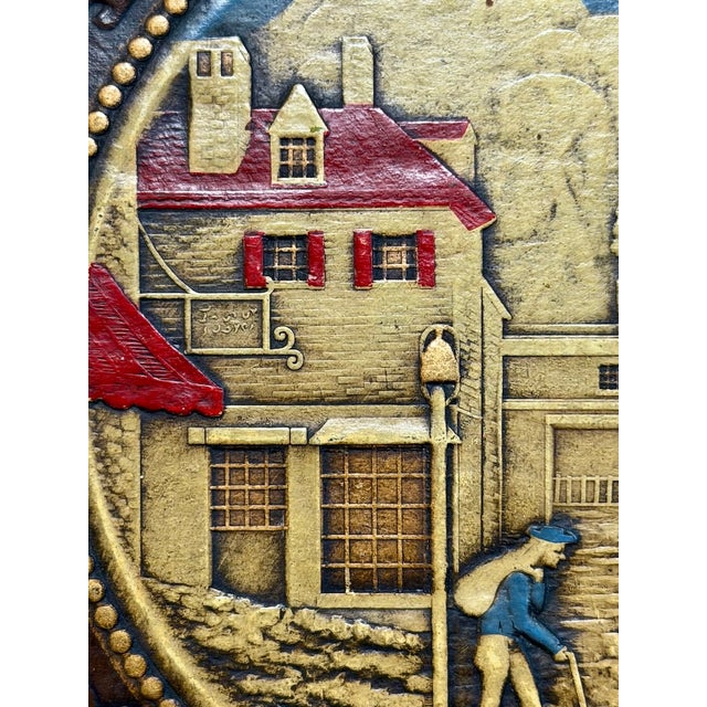 Wood Antique Framed Embossed Colonial Philadelphia Village Scene Leather Panel For Sale - Image 7 of 14