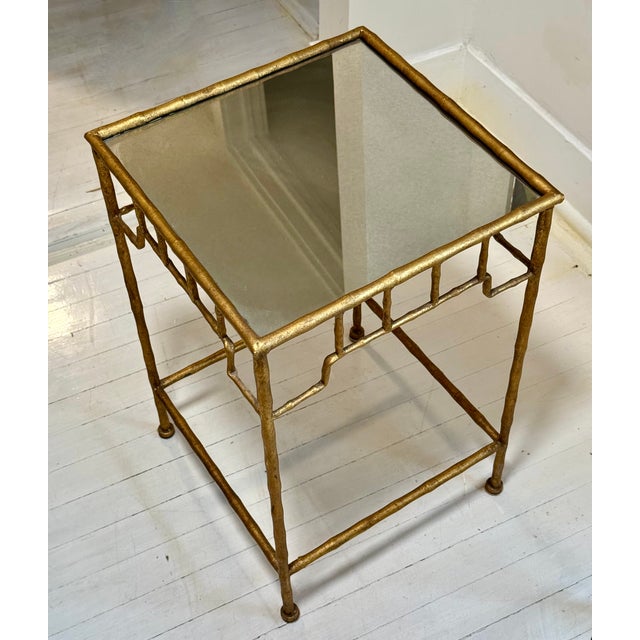 Metal Gilt Metal Fretwork Nesting Tables With Eglomisé Glass Tops, Set of Three For Sale - Image 7 of 11