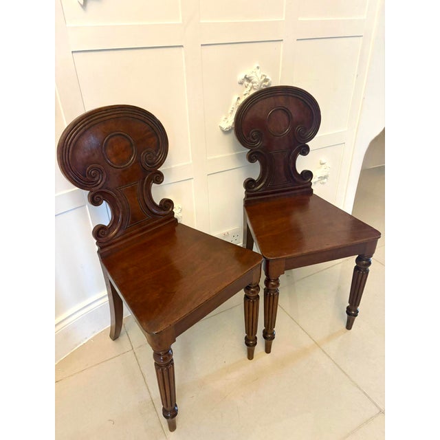 Hollywood Regency Antique Regency Carved Figured Mahogany Hall Chairs, 1830s, Set of 2 For Sale - Image 3 of 15