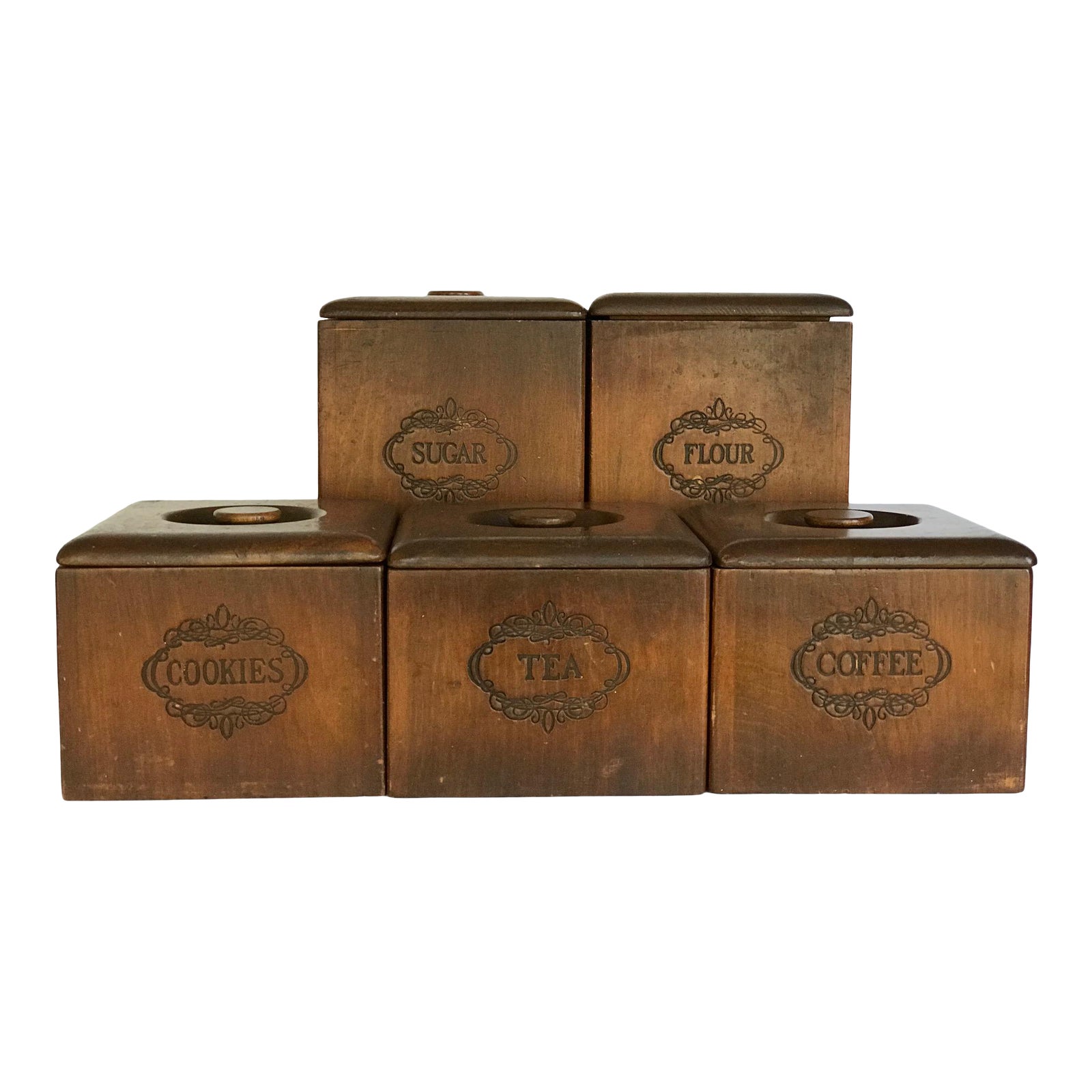 Vintage Mid Century Wood Kitchen Storage Set Of 5 Flour Sugar
