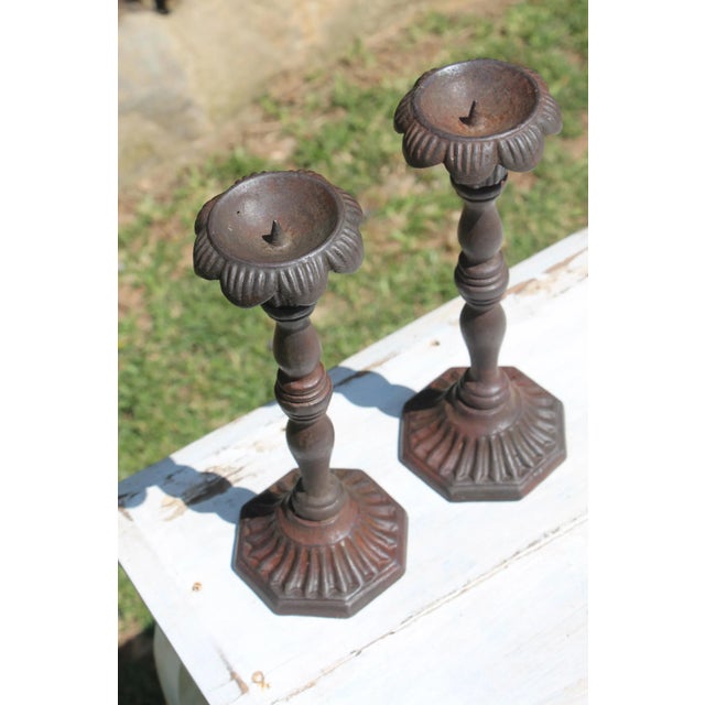 Metal Antique Victorian Cast Iron Floral Candleholders - a Pair For Sale - Image 7 of 13