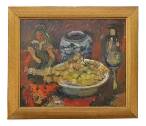 Remi Van Sluys "Raisin" Impressionist Still Life with Wine and Doll Mid 20th Century