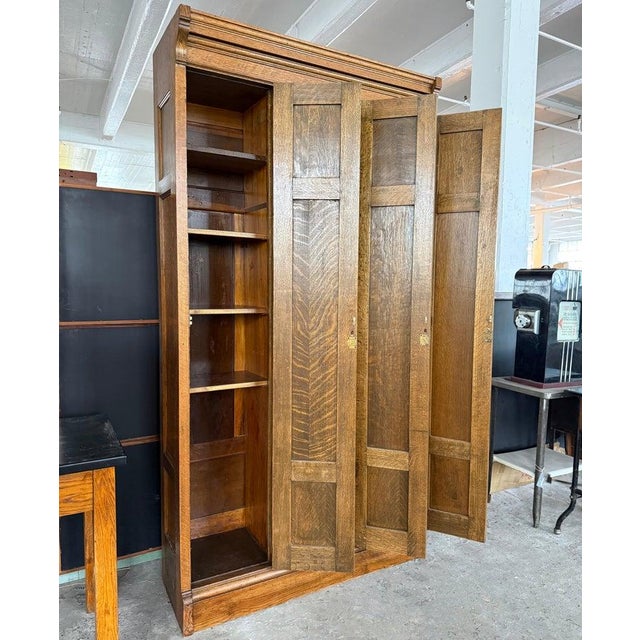 Wood Antique Eastlake Three Part Oak Wardrobe Lockers Cabinet For Sale - Image 7 of 11