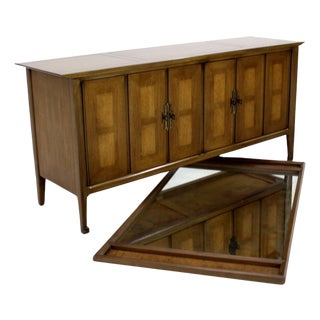 Mid Century Modern Burlwood Long Credenza 6 Drawers Dresser Matching Mirror MINT For Sale