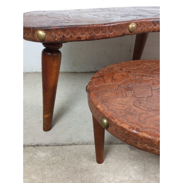 1960s Mid Century Modern Embossed Leather and Teak Coffee Table and Matching Stools For Sale - Image 5 of 18