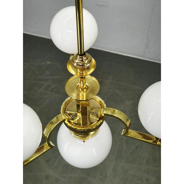 Gold Vintage Art Deco Brass and Opaline Glass Globe Chandelier, Czechoslovakia, 1930s For Sale - Image 8 of 12