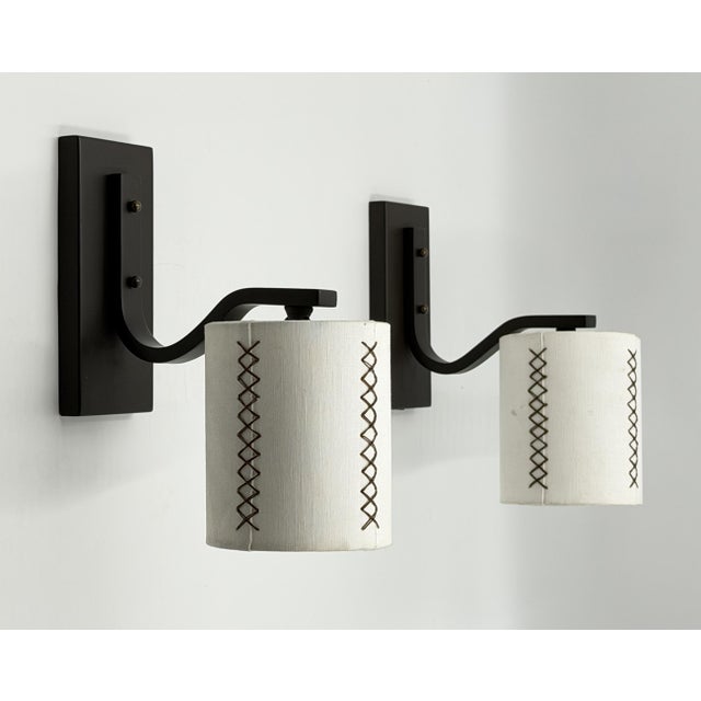 Paul Marra Design Paul Marra Bronze Finish Wall Sconces With Hand-Stitched Linen Shades - a Pair For Sale - Image 4 of 18