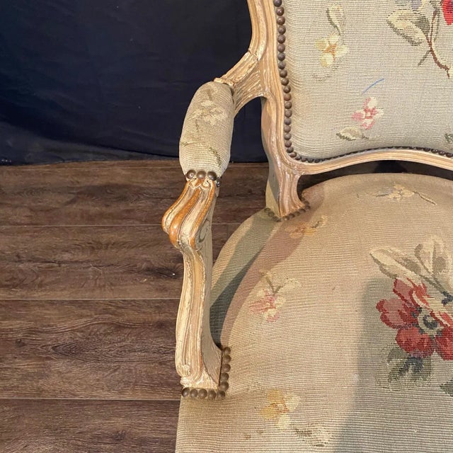 Antique French Painted Louis XV Armchairs Upholstered in Aubusson -a Pair For Sale - Image 12 of 15