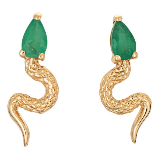 Emerald Snake Earrings Vintage 18k Yellow Gold Small Studs Serpent Jewelry, A Pair For Sale