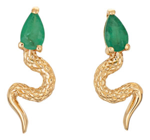 Emerald Snake Earrings Vintage 18k Yellow Gold Small Studs Serpent Jewelry, A Pair