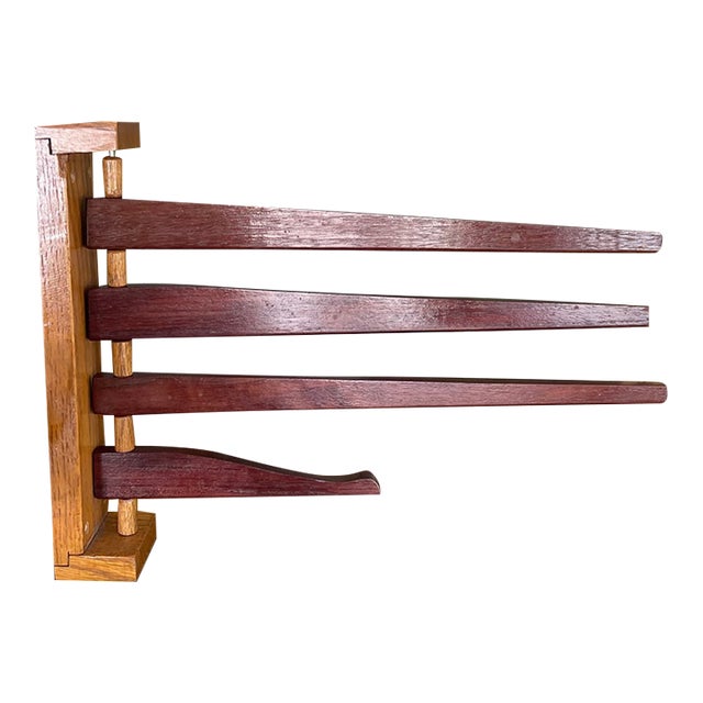 Vintage Wooden Swing-Arm Wall-Mounted Quilt or Towel Rack in Likely Oak and Mahogany. For Sale