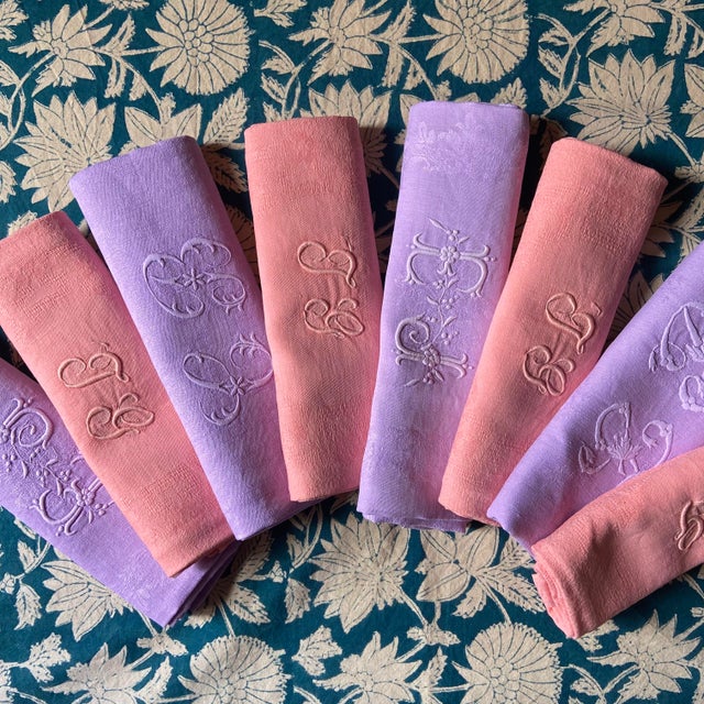 Vintage French Linen Coton Dyed Table Napkins with Monogram, 1920s, Set of 8 For Sale - Image 10 of 10