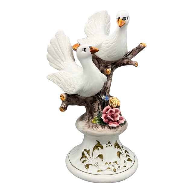 Oversized Vintage Capodimonte Lovebirds Sculpture – Italian Ceramic Doves Figurine For Sale