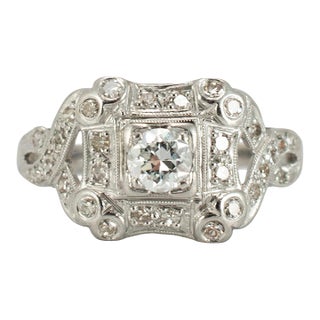 Antique Platinum 0.66ct Old European Cut Diamond Filigreed Engagement Ring, Size 7.5 For Sale