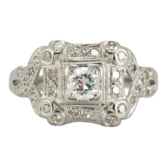 Antique Platinum 0.66ct Old European Cut Diamond Filigreed Engagement Ring, Size 7.5 For Sale