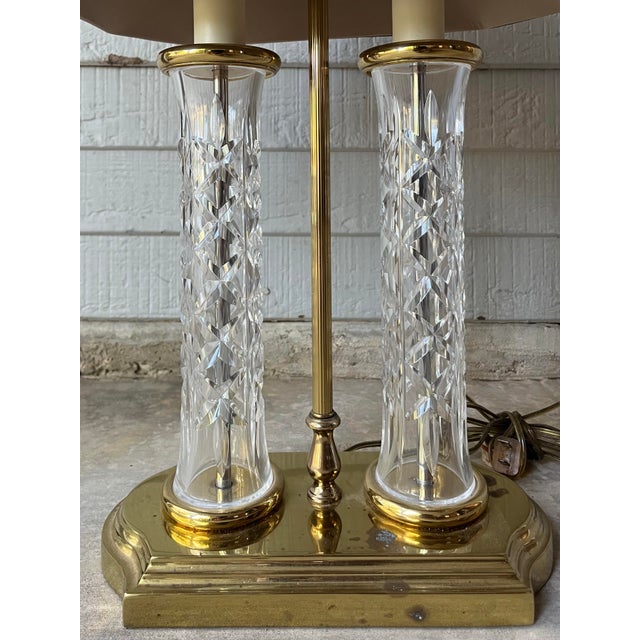 Contemporary 1990s Waterford Two Column Crystal & Brass Bouillotte Lamp Accompanying Black Shade For Sale - Image 3 of 12