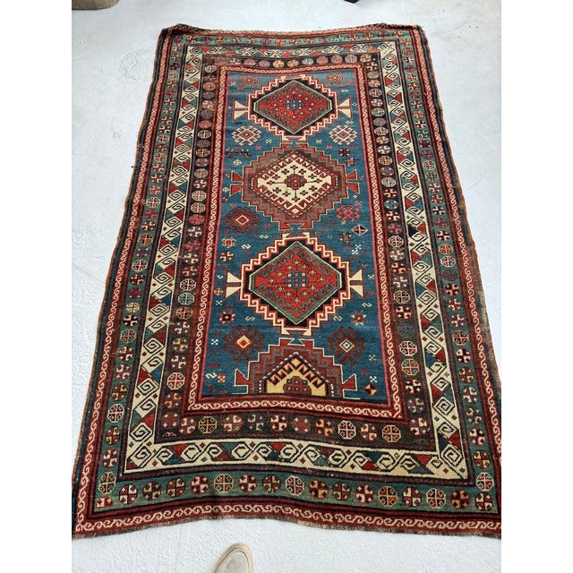 Century Old Antique Kazak in Ocean Blue Amazing Greens Rug 4.8 x 7.8 For Sale In Milwaukee - Image 6 of 11