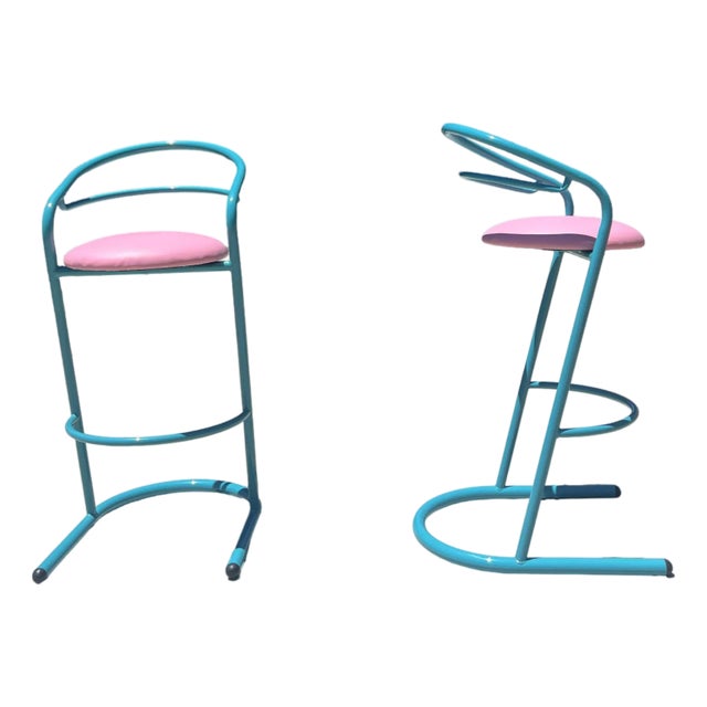 Vintage Postmodern 1980s Set of 2 Pair Turquoise Barstools, Amisco Pink Restored For Sale