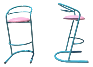 Vintage Postmodern 1980s Set of 2 Pair Turquoise Barstools, Amisco Pink Restored