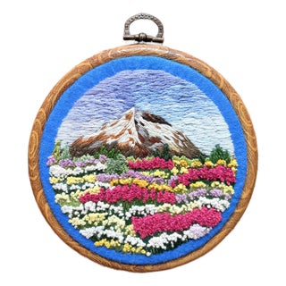 Blooming Valley & Snow Peak - Hand-Embroidered Wall Art For Sale