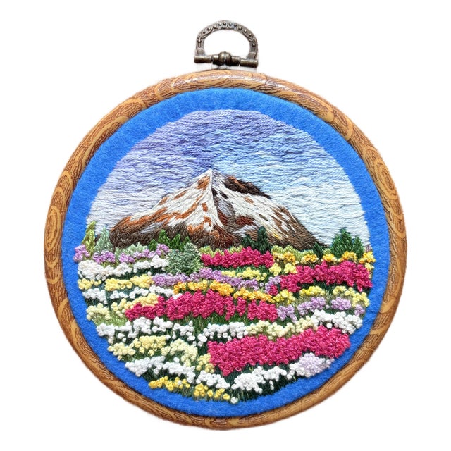 Blooming Valley & Snow Peak - Hand-Embroidered Wall Art For Sale