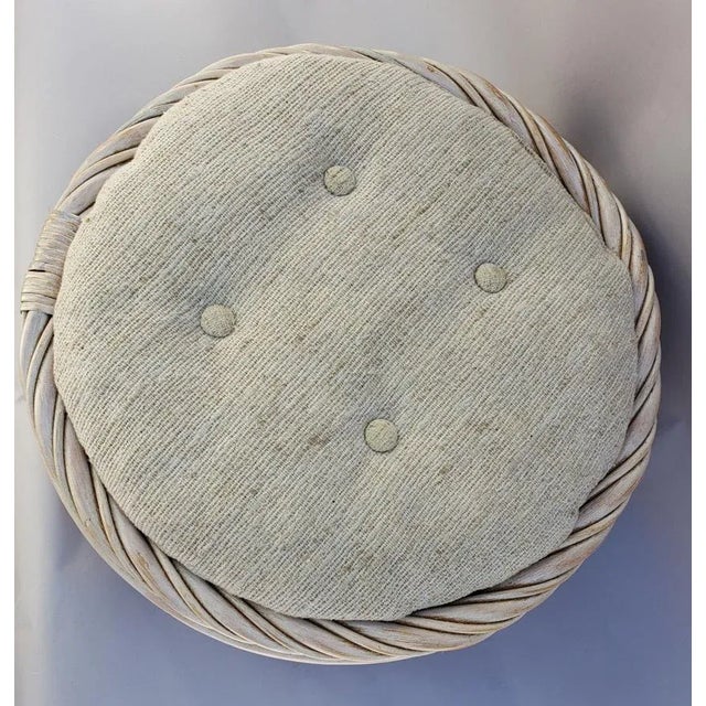 1980s Whitewashed Rattan Round Footstool With Tufted Cushion For Sale - Image 4 of 6