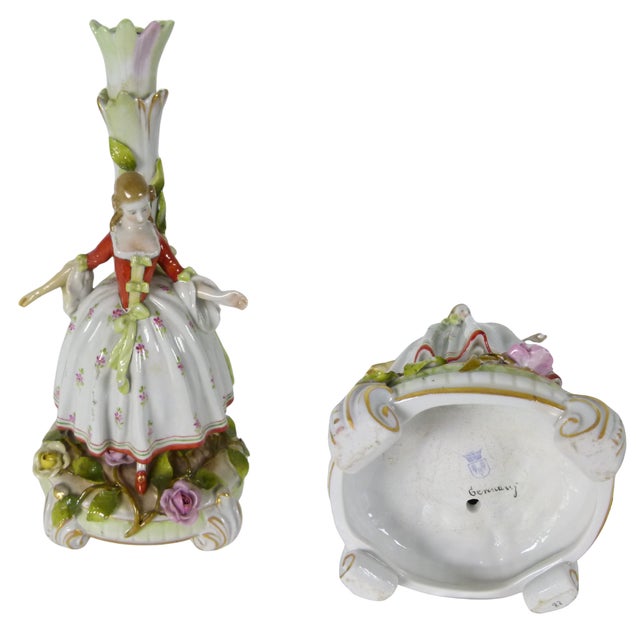 Antique Von Schierholz German Porcelain Courtly Lady Figural Candlestick With Applied Roses and Leaves . Dresden Style For Sale - Image 14 of 16