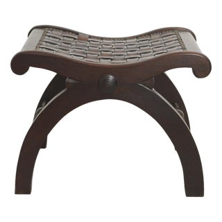 Spanish Revival Wooden and Woven Leather Ottoman, 1940s For Sale