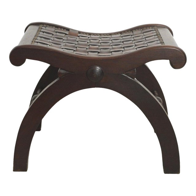 Spanish Revival Wooden and Woven Leather Ottoman, 1940s For Sale