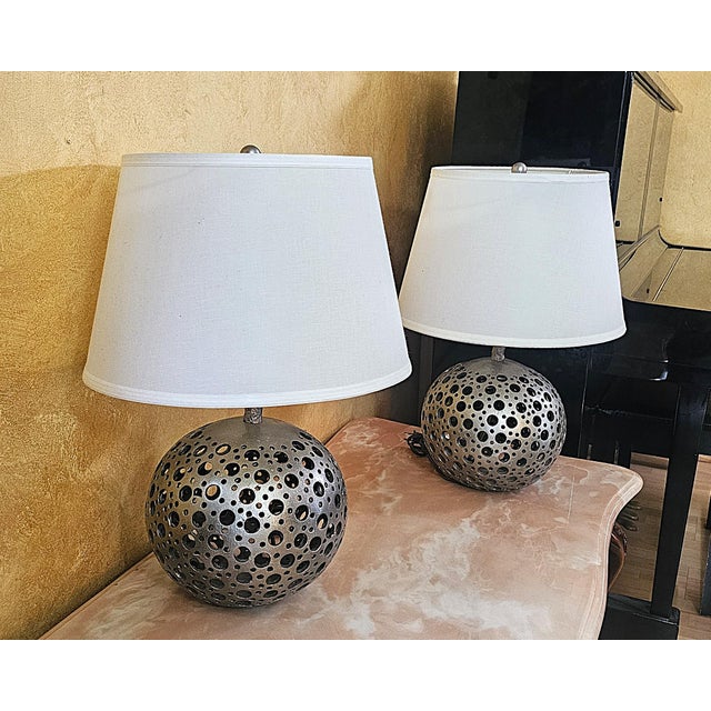 Pair of Pierced Pewter Globe Table Lamps With Shades For Sale In Washington DC - Image 6 of 18
