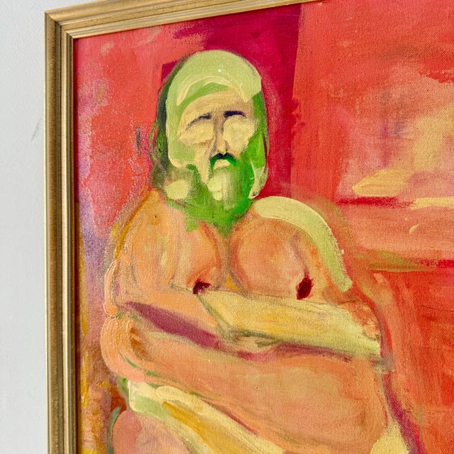 Late 20th Century Late 20th Century Vintage Figural Male Oil Portrait Painting Framed, Studio Ghibli Style For Sale - Image 5 of 6