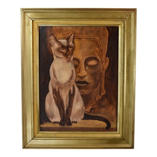 Mid Century Modern Buddha Cat Still Life Portrait Oil Painting For Sale