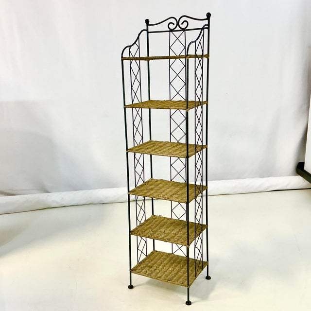 Mid-Century Boho Chic Arts & Crafts Metal and Wicker Slim Bookcase, 6 Tier For Sale - Image 10 of 18