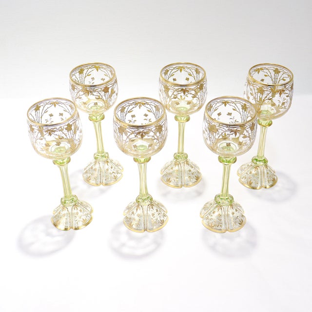 1900 Set of 6 Gilt German or Bohemian Art Nouveau Clear & Green Glass Wine Goblets For Sale - Image 4 of 18