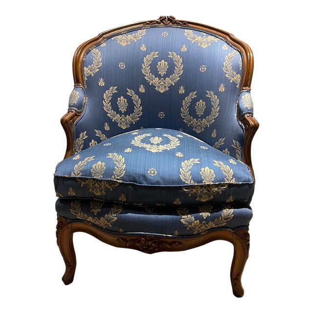 Antique French Petite Bergere Covered in Neoclassical Design Fabric For Sale