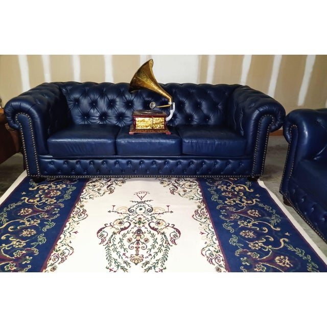 Elevate Your Living Space With These Navy Chesterfield Genuine Leather Sofa and Loveseat Set For Sale - Image 12 of 12