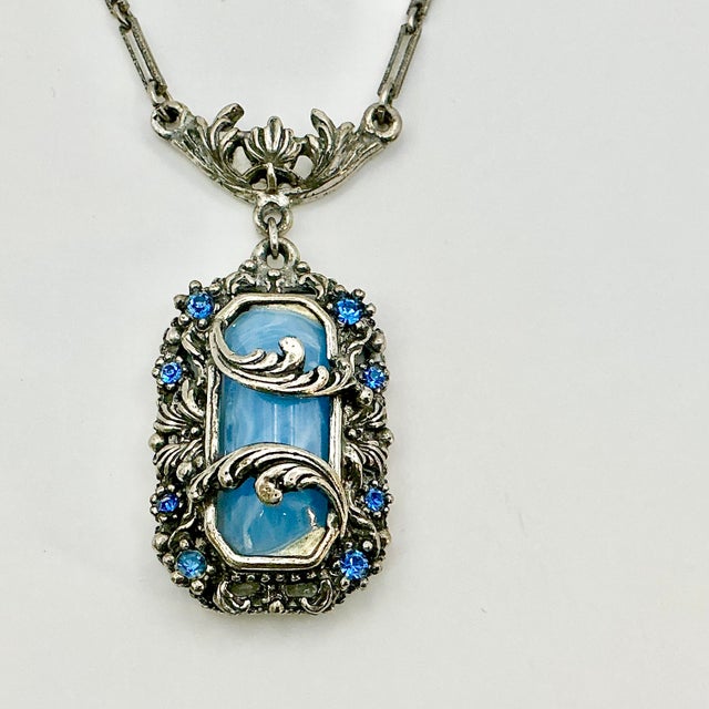 1920s Antique Art Deco Art Nouveau Blue Glass & Silver Tone Pendant Necklace, 14.5”. For Sale - Image 11 of 12