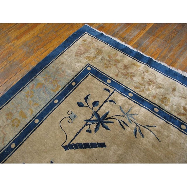 Antique 1920s Beige Floral Deco Rectangle Chinese Peking Knotted Wool Rug For Sale - Image 9 of 10