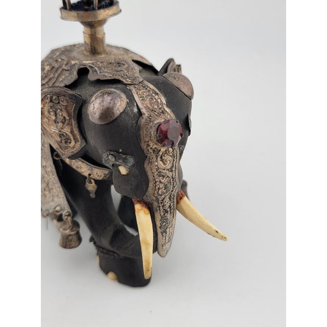 Rare Antique Indian Ebony Silver Overlay Jeweled Elephant W Real Ruby Stone. For Sale - Image 16 of 18