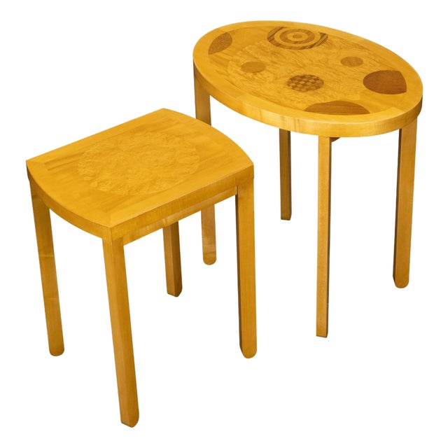 Mid 20th Century Baker Furniture Art Deco Style Nesting Tables with Whimsical Geometric Motifs For Sale