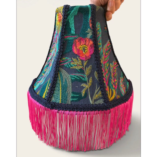 Handcrafted Covington Abelia Garden Embroidered Designer Lamp Shade With Rayon Pink Fringe For Sale - Image 6 of 7