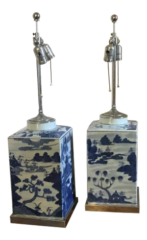 Antique Early 19th Century Chinese Blue & White Canton Tea Canisters With Harbor Landscape Scenes Mounted as Lamps - a Pair