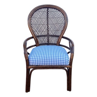 Boho Bentwood Rattan and Cane Chair With Blue Gingham Cushion For Sale