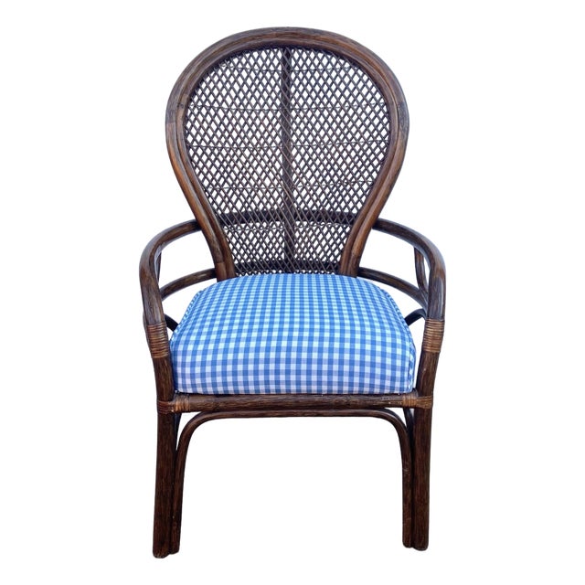 Boho Bentwood Rattan and Cane Chair With Blue Gingham Cushion For Sale