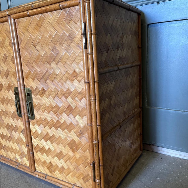 Vintage Bamboo and Rattan Double Door Cabinet with Brass Handles For Sale - Image 9 of 10