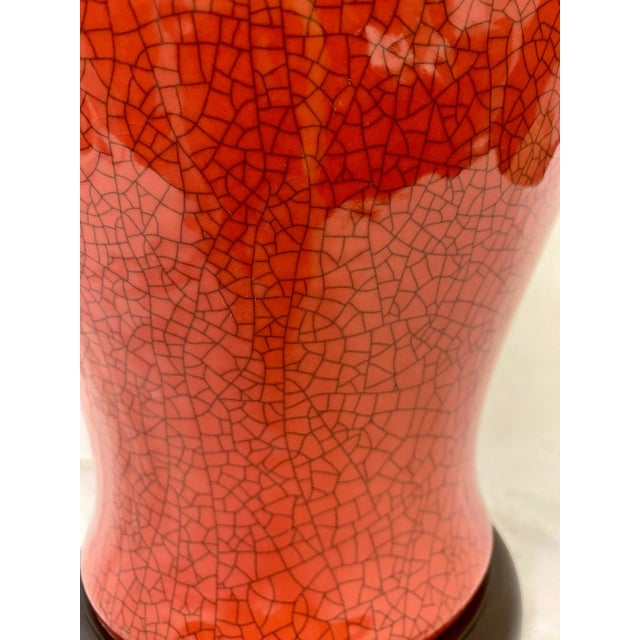 Porcelain Temple Jar Table Lamp in a Red Crackle Finish on a Wooden Base With White Barrel Lampshade For Sale - Image 4 of 12