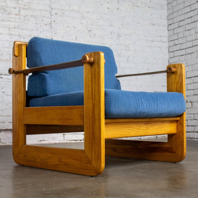 Mid to Late 20th Century Scandinavian Modern Oak Safari Sling Club Armchair Tan Leather Arms & Blue Corduroy For Sale - Image 9 of 18