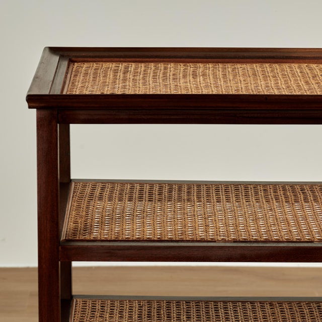 1960s Vintage British Colonial Style Caned Four Tiered Rolling Stand For Sale - Image 5 of 10