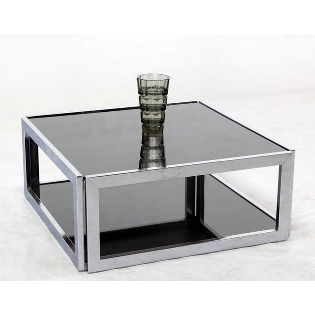 Mid 20th Century Sharp Square 2 Tier Modern Chrome Base Smoked Glass Coffee Table w/ Shelf MINT For Sale - Image 5 of 10
